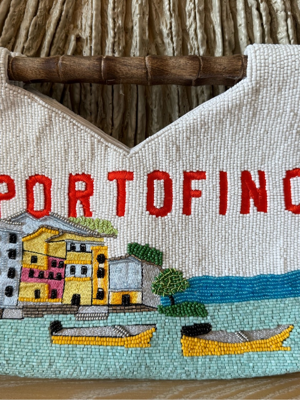 Viral Portofino Italy Handcrafted Beaded Bag Bamboo Handle Clutch - Picture 3 of 10